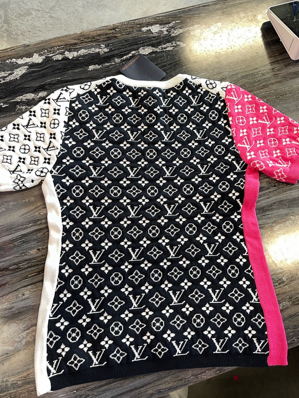 Louis Vuitton Monogram Short Sleeve Knit Top in White, Black & Pink - Picture 2 of 8
